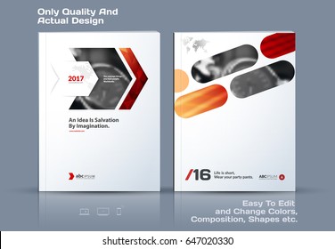 Abstract annual report, business vector template. Brochure design, cover modern layout, flyer in A4 with red rounded rectangles, arrows for tech, science, finance with light background. Set