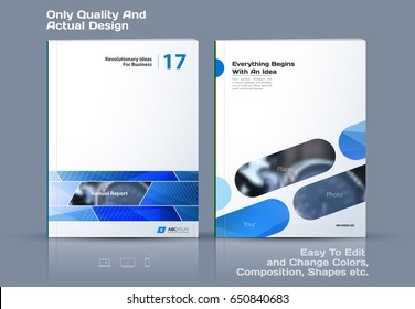 Abstract annual report, business vector template. Brochure design, cover modern layout, flyer in A4 with blue rectangles and diagonal shapes for tech, science, finance with light background. 