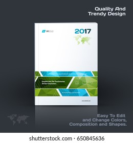 Abstract annual report, business vector template. Brochure design, cover modern layout, flyer in A4 with green rectangles and diagonal shapes for tech, science, finance with light background. 