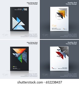 Abstract annual report, business vector template. Brochure design, cover modern layout, flyer in A4 with colourful triangles, arrows for tech, science, finance with light background. 