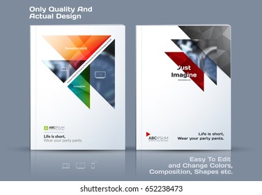 Abstract annual report, business vector template. Brochure design, cover modern layout, flyer in A4 with colourful triangles, arrows for tech, science, finance with light background. 