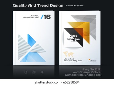 Abstract annual report, business vector template. Brochure design, cover modern layout, flyer in A4 with colourful triangles, arrows for tech, science, finance with light background. 