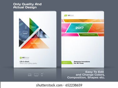 Abstract annual report, business vector template. Brochure design, cover modern layout, flyer in A4 with colourful triangles, arrows for tech, science, finance with light background. 