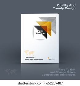 Abstract annual report, business vector template. Brochure design, cover modern layout, flyer in A4 with yellow triangles, arrows for tech, science, finance with light background. 