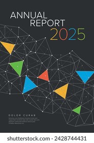 Abstract annual report cover for the last year, featuring colorful geometric shapes and an abstract  network background on dark gray background. Brochure front cover page layout design