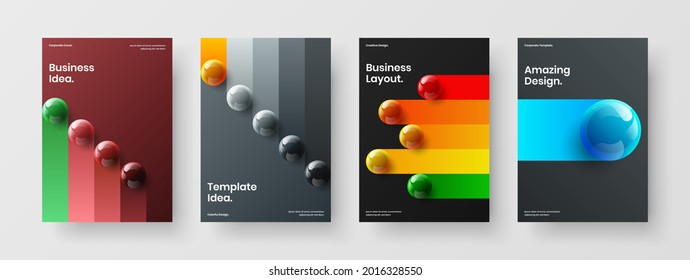 Abstract annual report design vector illustration set. Unique realistic balls flyer concept composition.