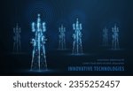 Abstract antenna mast on blue. 5G technology, telecommunication industry, telecom network, broadcast television, cell phone, 5G telecommunication, city communication, LTE transmitter concept.