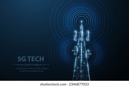 Abstract antenna mast on blue. 5G technology, telecommunication industry, telecom network, broadcast television, cell phone, 5G telecommunication, city communication, LTE transmitter concept.