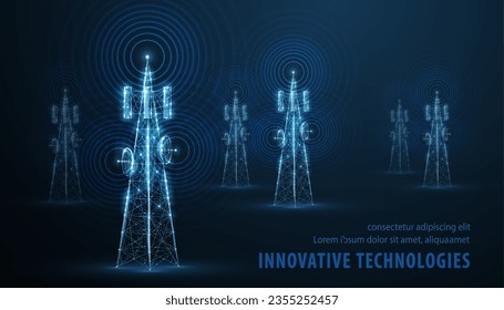 Abstract antenna mast on blue. 5G technology, telecommunication industry, telecom network, broadcast television, cell phone, 5G telecommunication, city communication, LTE transmitter concept.