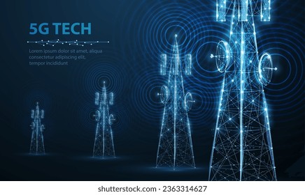 Abstract antenna mast on blue. 5G technology, telecommunication industry, telecom network, broadcast television, cell phone, 5G telecommunication, city communication, LTE transmitter concept.