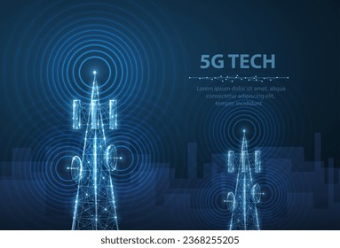 Abstract antenna mast on blue cityscape background. 5G technology, telecommunication industry, telecom network, broadcast television, cell phone, 5G city telecommunication, LTE transmitter concept.