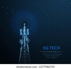 Abstrakter Antennenmast auf Blau. 5G-Technologie, Telekommunikationsindustrie, Telekommunikationsnetz, Rundfunk-Fernsehen, Mobiltelefon, 5G-Telekommunikation, Stadtkommunikation, LTE-Senderkonzept.