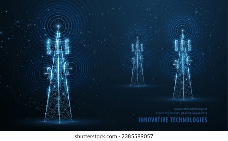 Abstract antenna mast on blue. 5G technology, telecommunication industry, telecom network, broadcast television, cell phone, 5G telecommunication, city communication, LTE transmitter concept.