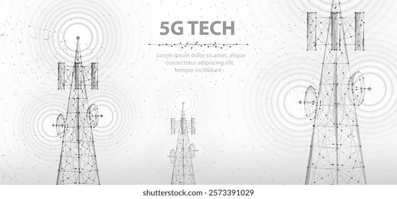 Abstract antenna mast on blue. 5G technology, telecommunication industry, telecom network, broadcast television, cell phone, 5G telecommunication, city communication, LTE transmitter concept.