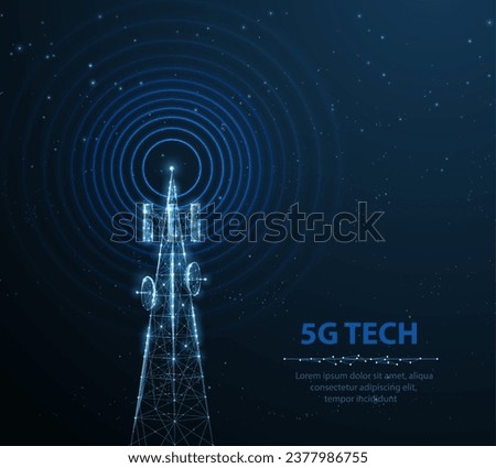 Abstract antenna mast on blue. 5G technology, telecommunication industry, telecom network, broadcast television, cell phone, 5G telecommunication, city communication, LTE transmitter concept.