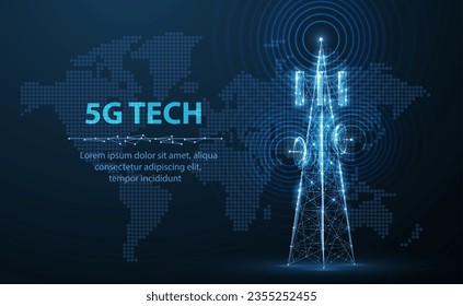 Abstract antenna mast with world map. 5G technology, telecommunication industry, telecom network, broadcast television, cell phone, 5G telecommunication, city communication, LTE transmitter concept.