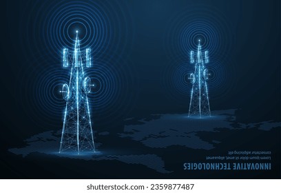 Abstrakter Antennenmast mit Weltkarte. 5G-Technologie, Telekommunikationsindustrie, Telekommunikationsnetz, Rundfunk-Fernsehen, Mobiltelefon, 5G-Telekommunikation, Stadtkommunikation, LTE-Senderkonzept.