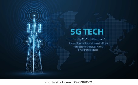 Abstract antenna mast with world map. 5G technology, telecommunication industry, telecom network, broadcast television, cell phone, 5G telecommunication, city communication, LTE transmitter concept.