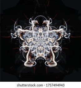 An abstract, anthropomorphic fractal design composed of streaks of pigeon blue, orange-brown, & white light on a dark square background.
