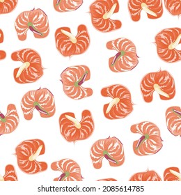 Abstract anthurium flowers seamless pattern isolated on white background. Trendy exotic hawaiian plants backdrop. Tropical botanical wallpaper. Design for fabric , textile, surface, wrapping paper
