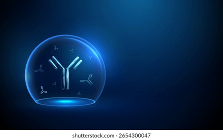 Abstract antibody protected under transparent glass dome. Concept of immune protection, biotechnology, pathogen defense, artificial immunity, laboratory research, and personalized medicine. Vector.