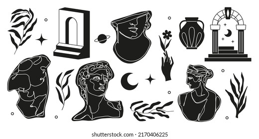 Abstract antique greek statues. Ancient greece mythology symbols, hand drawn classic sculpture modern style. Vector set