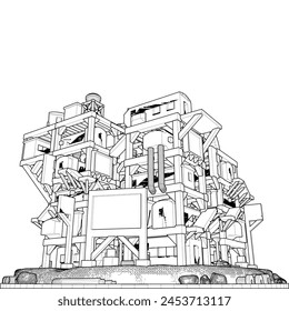 Abstract Apocalyptic Futuristic Building Vector 93. Construction Structure Illustration Isolated On White Background. 