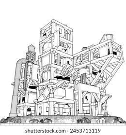 Abstract Apocalyptic Futuristic Building Vector 91. Construction Structure Illustration Isolated On White Background. 