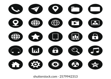 Abstract app icons vector black illustration. Core interface icons, modern multimedia icons set.