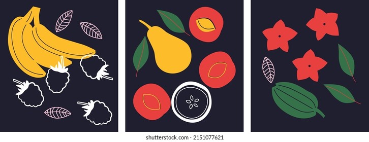 Abstract appetizing fruit and berries collection. Decorative abstract horizontal banner with colorful doodles. Hand-drawn modern illustrations with fruit and berries, abstract elements. Abstract set