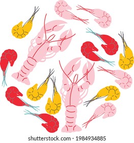 Abstract appetizing Seafood collection. Hand-drawn modern illustrations Crabs, fish and lobster vector. Can be use for restaurants menu, cover, packaging.