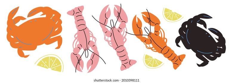 Abstract appetizing Seafood collection. Hand-drawn modern illustrations Crabs, fish and lobster vector.