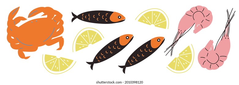 Abstract appetizing Seafood collection. Hand-drawn modern illustrations Crabs, fish and lobster vector. 