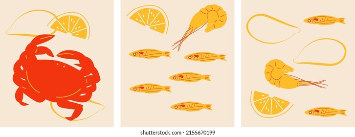 Resumen apetitoso de la colección Seafoods. Banner horizontal abstracto decorativo con doodles coloridos. Ilustraciones modernas hechas a mano con elementos abstractos de los fondos marinos. Hidrocarburos 