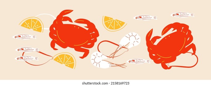 Abstract appetizing Seafoods collection. Decorative abstract horizontal banner with colorful doodles. Hand-drawn modern illustrations with Seafoods abstract elements. Seafoods 