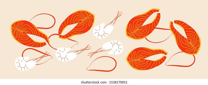 Abstract appetizing Seafoods collection. Decorative abstract horizontal banner with colorful doodles. Hand-drawn modern illustrations with Seafoods abstract elements. Seafoods