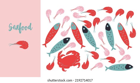 Abstract appetizing Seafoods collection. Decorative abstract horizontal banner with colorful doodles. Hand-drawn modern illustrations with Seafoods abstract elements. Seafoods 