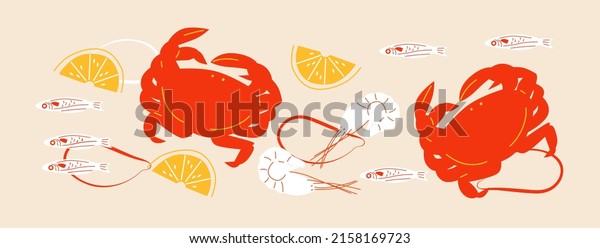 Abstract appetizing\
Seafoods collection. Decorative abstract horizontal banner with\
colorful doodles. Hand-drawn modern illustrations with Seafoods\
abstract elements. Seafoods\
