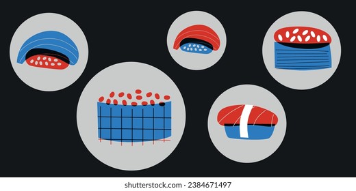Abstrakte appetitanregende Sushi-Kollektion. Dekoratives abstraktes horizontales Banner mit bunten Doodles. Handgezeichnete moderne Illustrationen mit abstrakten Sushi-Elementen.