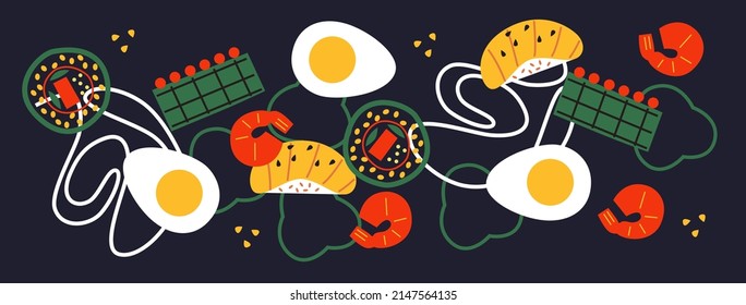 Abstract appetizing sushi and rolls collection. Decorative abstract horizontal banner with colorful doodles. Hand-drawn modern illustrations with sushi and rolls abstract elements. Asian cuisine