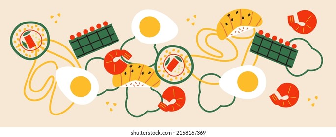 Resumen de la apetitosa colección de sushi y rollos. Banner horizontal abstracto decorativo con doodles coloridos. Ilustraciones modernas hechas a mano con elementos abstractos de sushi y rollos. Cocina asiática