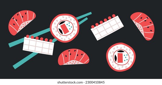 Abstract appetizing sushi and rolls collection. Decorative abstract horizontal banner with colorful doodles. Hand-drawn modern illustrations with sushi and rolls abstract elements. Asian cuisine