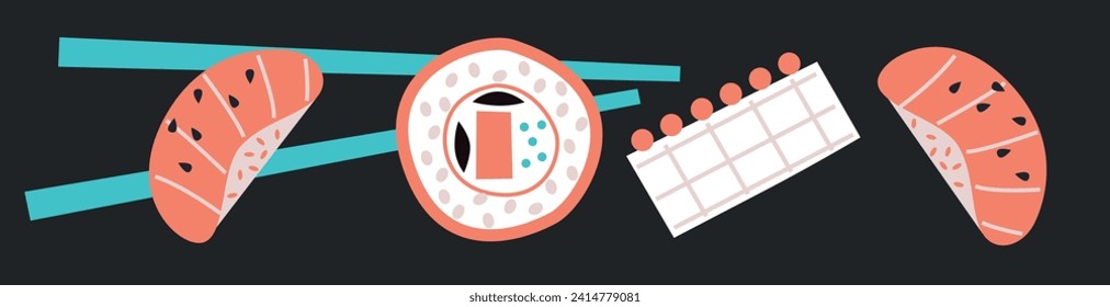 Resumen de la apetitosa colección de sushi y rollos. Banner horizontal abstracto decorativo con doodles coloridos. Ilustraciones modernas hechas a mano con elementos abstractos de sushi y rollos. Cocina asiática