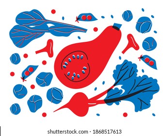 Abstract appetizing Vegetables collection. Decorative abstract horizontal banner with colorful doodles. Hand-drawn modern illustrations with Vegetables, abstract elements. Cucumber, peas, pepper.