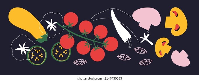 Abstract appetizing Vegetables collection. Decorative abstract horizontal banner with colorful doodles. Hand-drawn modern illustrations with Vegetables, abstract elements. Tomato, peas, ect.