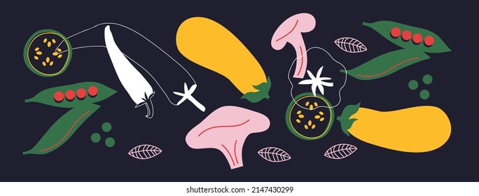 Abstract appetizing Vegetables collection. Decorative abstract horizontal banner with colorful doodles. Hand-drawn modern illustrations with Vegetables, abstract elements. Eggplant, peas, pepper.