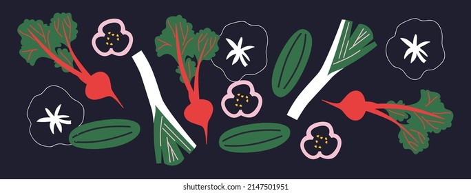 Abstrakt appetitanregend Gemüse Sammlung. Dekoratives abstraktes horizontales Banner mit bunten Doodles. Handgezeichnete moderne Illustrationen mit Gemüse, abstrakten Elementen. Beat, Zwiebel, Pfefferblattscheibe