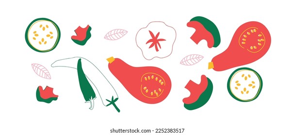 Abstract appetizing Vegetables collection. Decorative abstract horizontal banner with colorful doodles. Hand-drawn modern illustrations with Vegetables, abstract elements. Cucumber, peas, pepper.