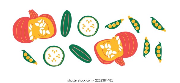 Abstract appetizing Vegetables collection. Decorative abstract horizontal banner with colorful doodles. Hand-drawn modern illustrations with Vegetables, abstract elements. Cucumber, peas, pepper.