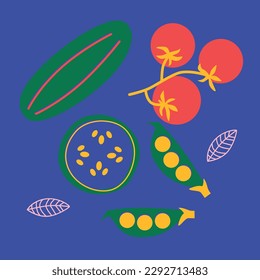 Abstract appetizing Vegetables collection. Decorative abstract horizontal banner with colorful doodles. Hand-drawn modern illustrations with Vegetables, abstract elements. Cucumber, peas, pepper.